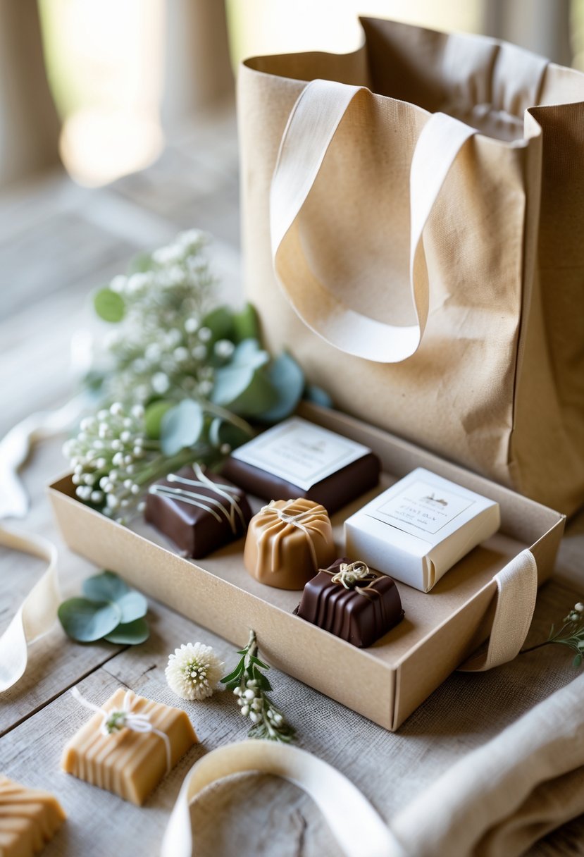 A wedding welcome bag filled with artisan chocolates and decorated with small flowers and greenery.