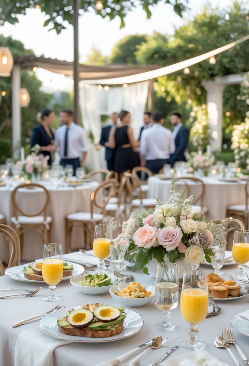 A brunch reception with tables set for a small wedding, featuring light food dishes and guests mingling in the background.