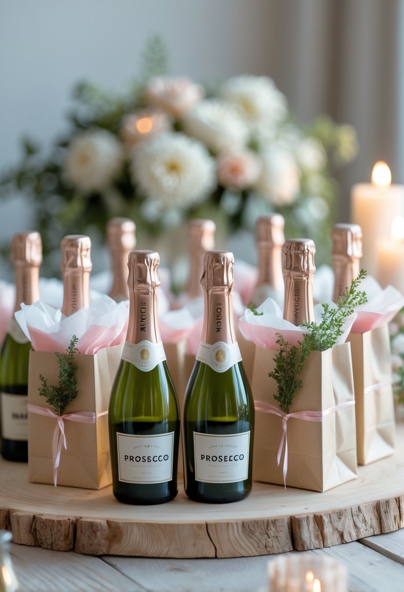 Mini bottles of prosecco arranged inside elegant wedding welcome bags on a wooden table with soft floral decorations.