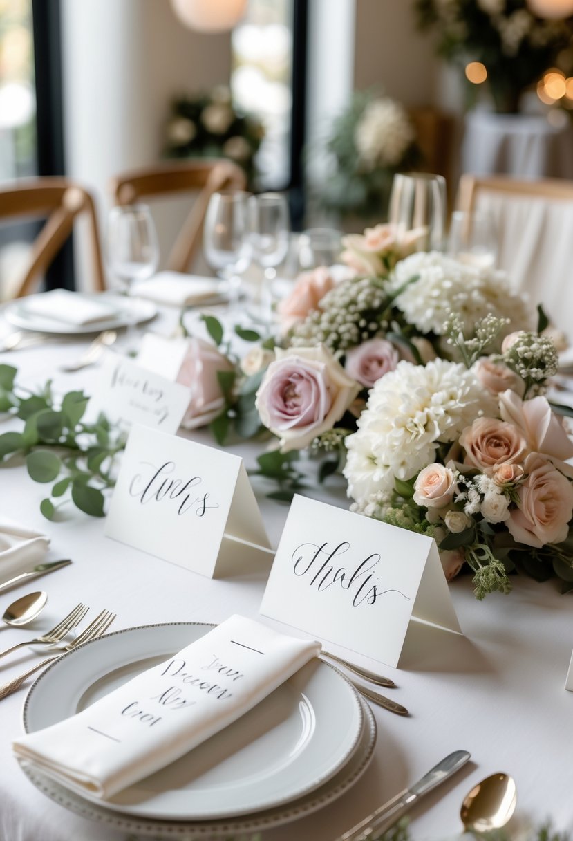 A wedding table set for a small gathering with elegant place cards, floral centerpieces, and soft lighting.