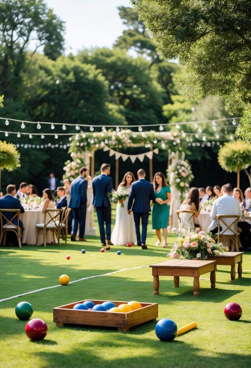 Guests playing bocce ball and croquet on a grassy lawn at a small outdoor wedding with simple decorations and a few tables in the background.