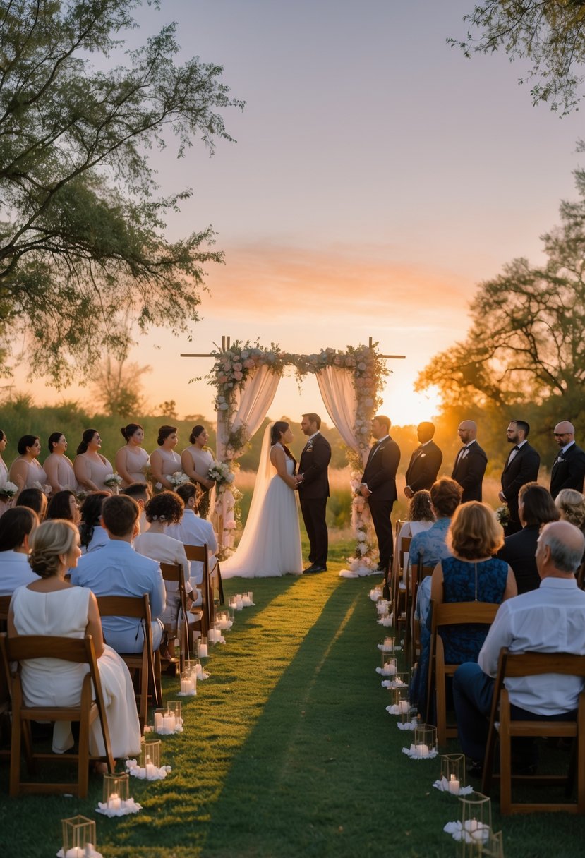 An outdoor wedding ceremony at sunset with about 50 guests seated on wooden chairs facing a floral arch where a bride and groom stand together.