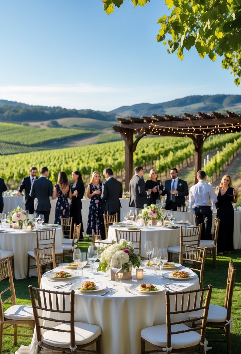 Outdoor vineyard with guests enjoying a wine tasting reception at neatly arranged tables surrounded by grapevines and rolling hills.