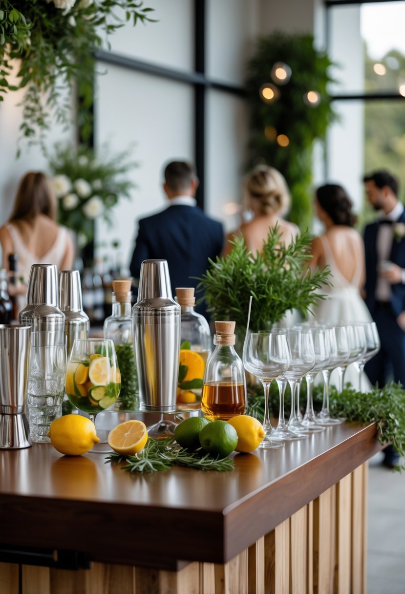A craft cocktail station with glasses, fresh herbs, citrus fruits, and bottles set up for a small wedding, with guests mingling in the background.