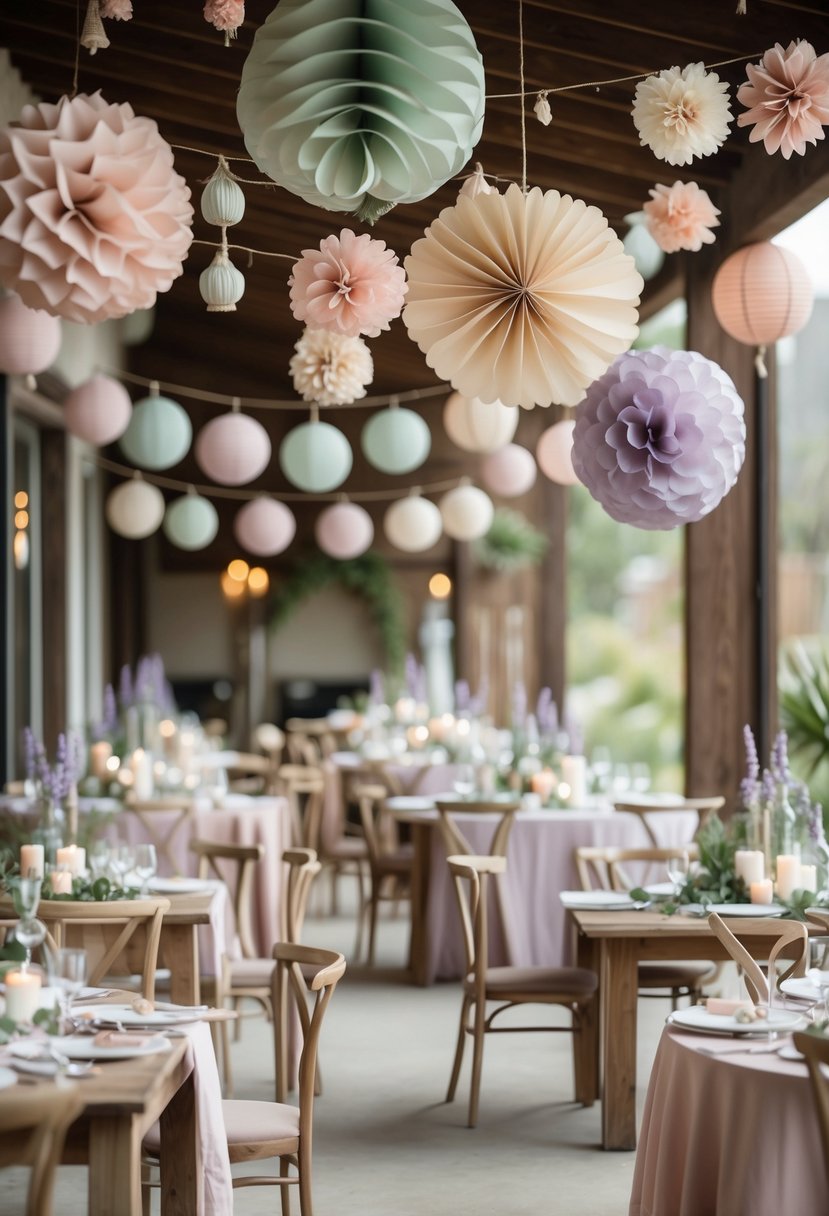 An intimate wedding setup with handmade paper decorations in pastel colors, arranged tables, and soft lighting creating a warm and elegant atmosphere.
