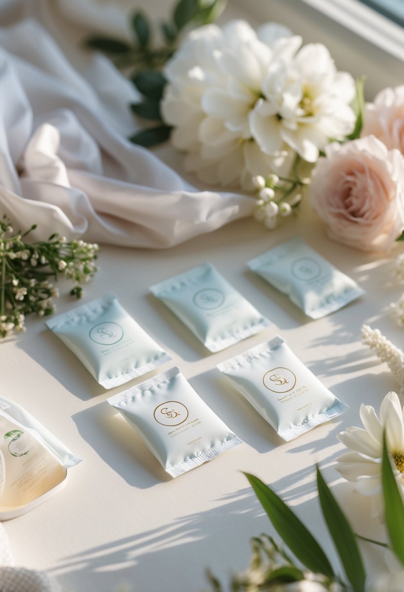 Neatly arranged sunscreen packets with spa logos surrounded by flowers and soft fabrics on a light surface.