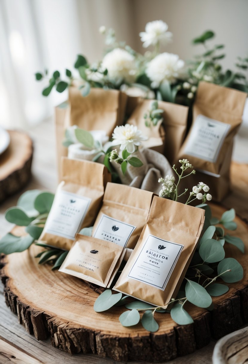 An arrangement of gourmet coffee samplers inside wedding welcome bags decorated with flowers on a wooden table.