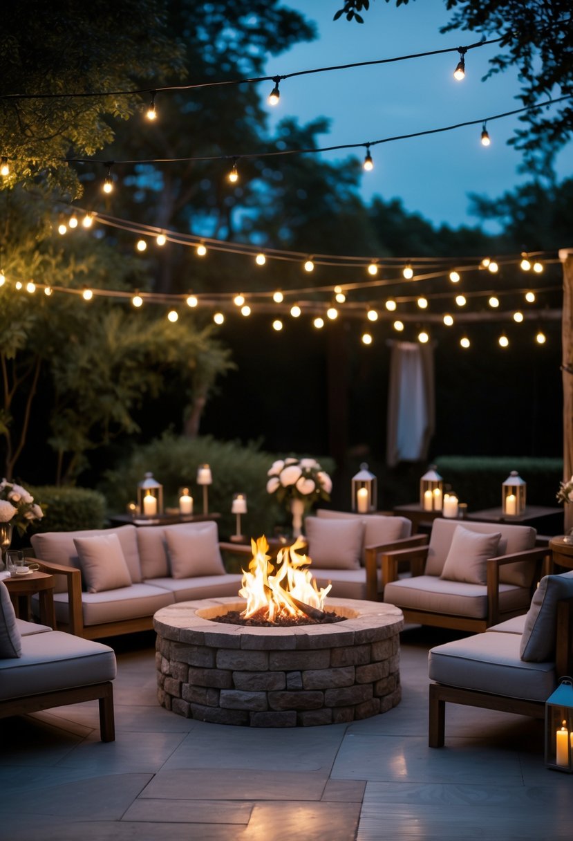 An outdoor fire pit area with glowing flames surrounded by cushioned chairs and sofas, lit by string lights and lanterns, set in a garden with greenery and flowers.