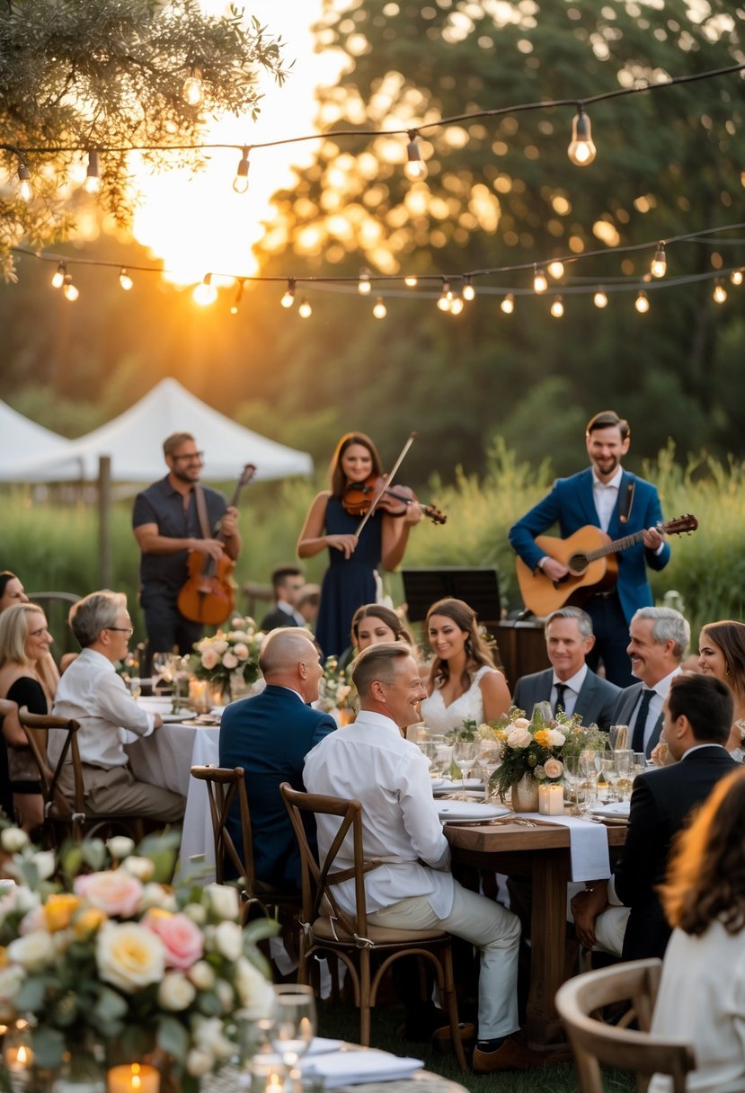 Small outdoor wedding reception with about 50 guests and live musicians performing in the background.