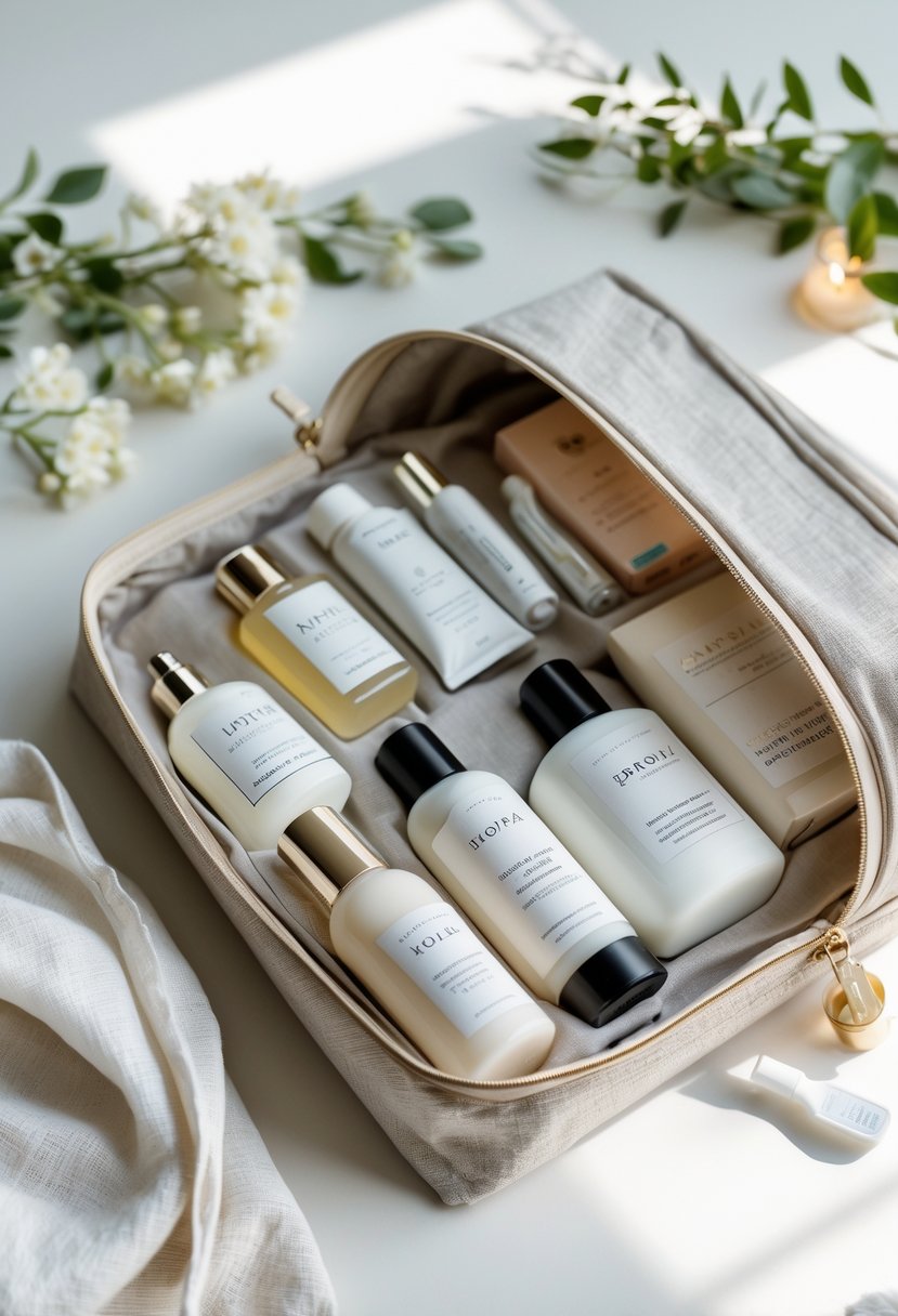 A travel-sized toiletries kit arranged inside an open wedding welcome bag with flowers and greenery around it.
