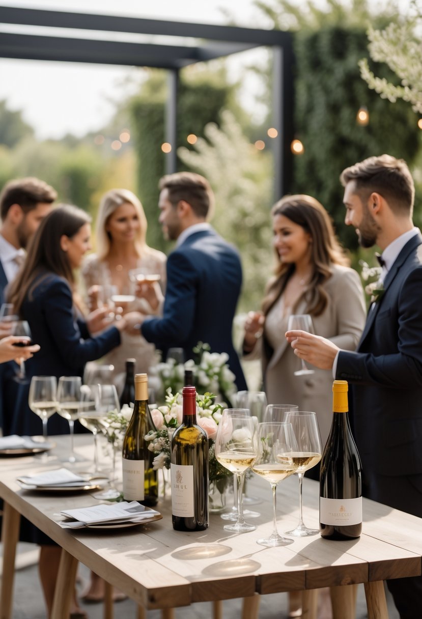 A small group of people enjoying a wine tasting at an outdoor wedding with wine glasses and bottles on wooden tables surrounded by greenery.