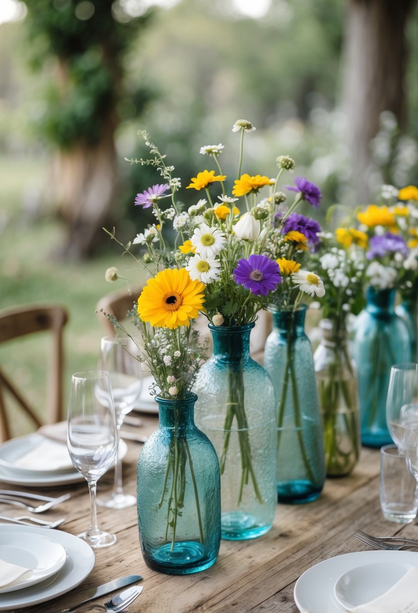 A wedding table with recycled glass vases filled with fresh wildflowers arranged as centerpieces on a wooden table outdoors.