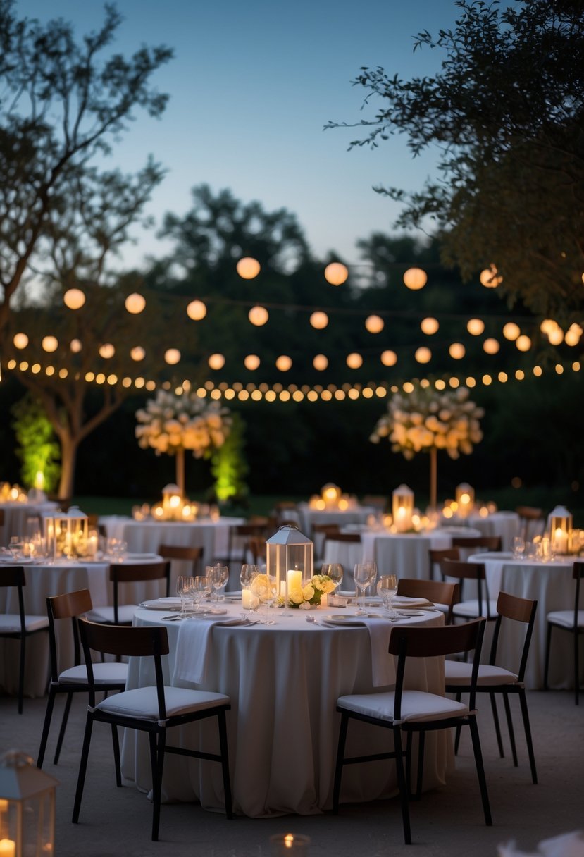 An outdoor evening wedding reception setup with tables, chairs, lanterns, and candles creating a warm and inviting atmosphere.