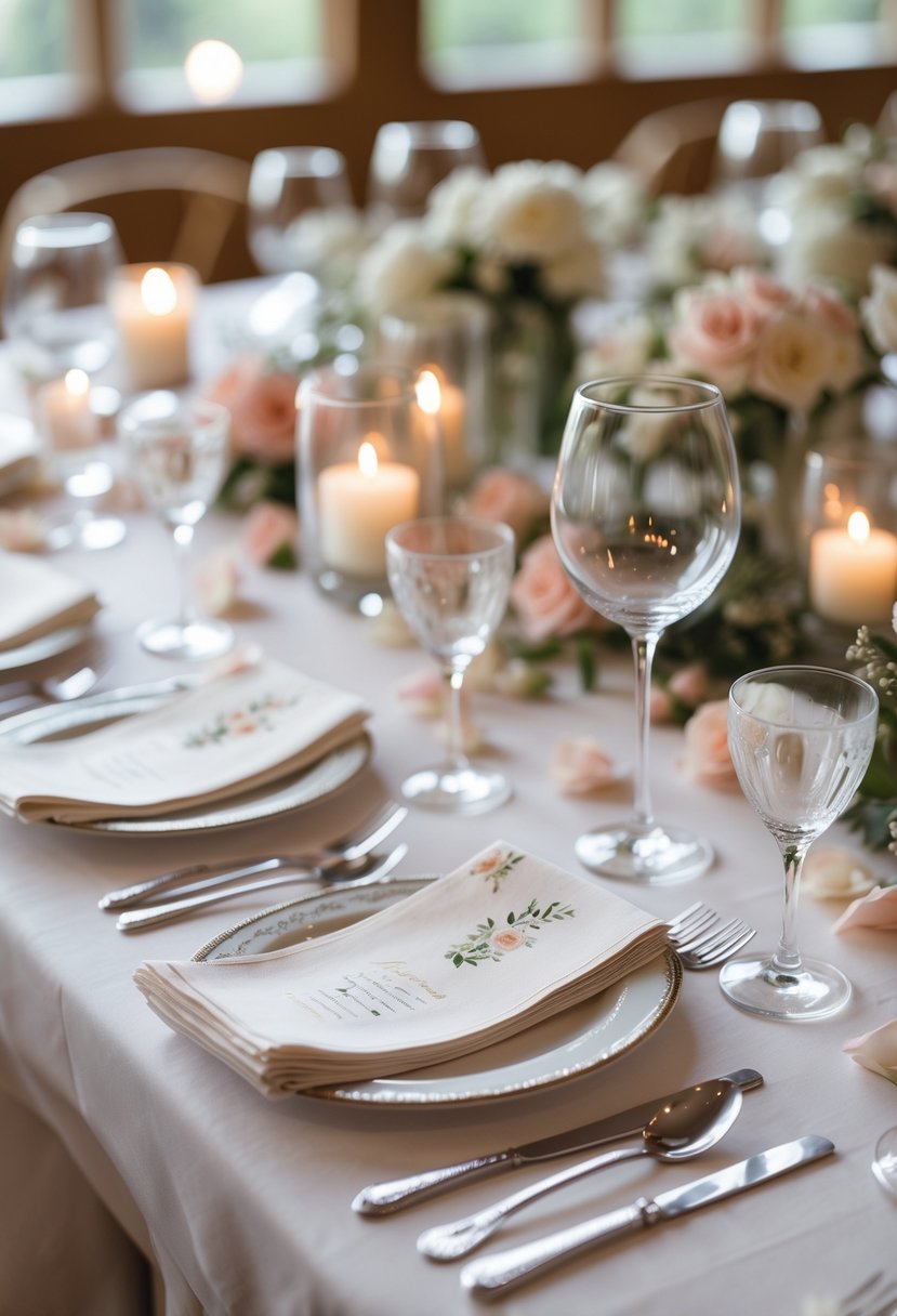 A wedding table set with elegant cocktail napkins, wine glasses, silverware, floral arrangements, and candles.