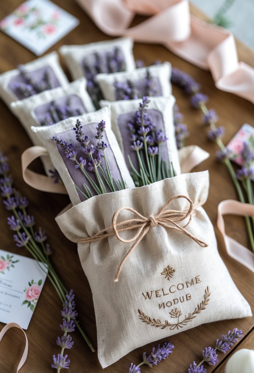Lavender sachets tied with twine inside a linen wedding welcome bag on a wooden table with lavender sprigs nearby.