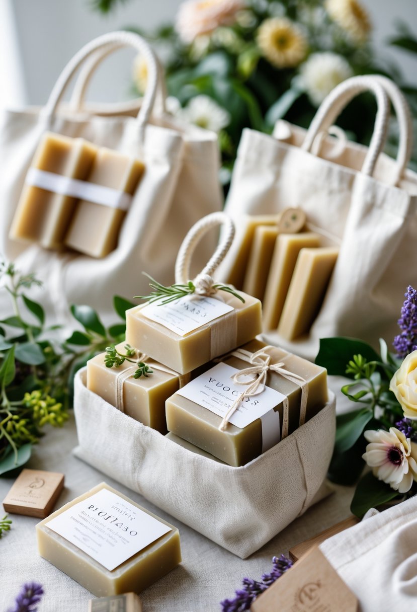 An arrangement of handcrafted soap bars wrapped in natural paper and ribbons inside stylish tote bags with flowers and greenery around them.