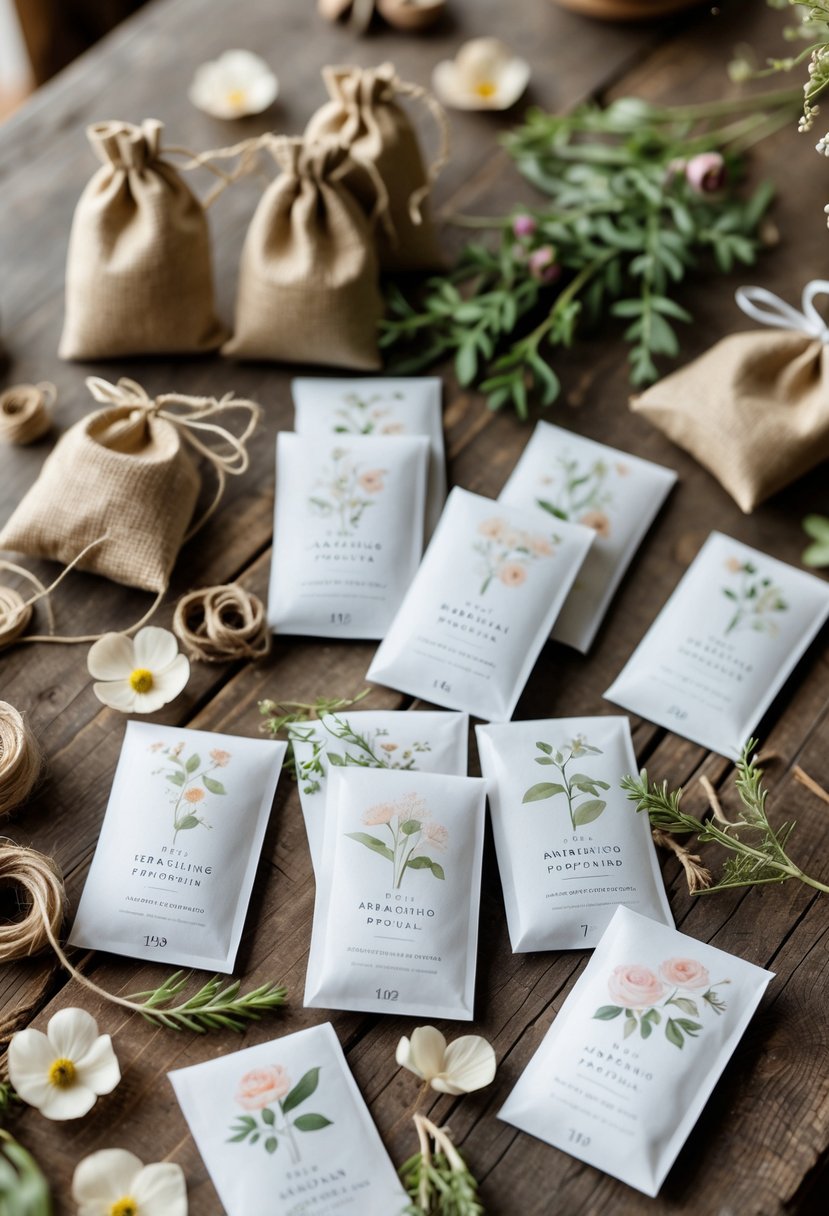 Seed packets and wedding welcome bag items arranged on a wooden table with flowers and greenery.
