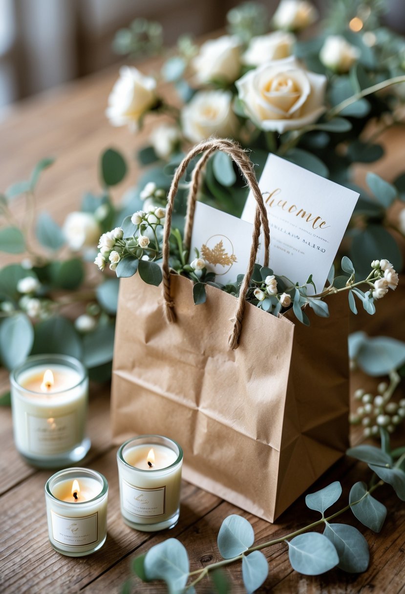 A rustic wooden table with a kraft paper wedding welcome bag containing mini scented candles and small floral decorations.