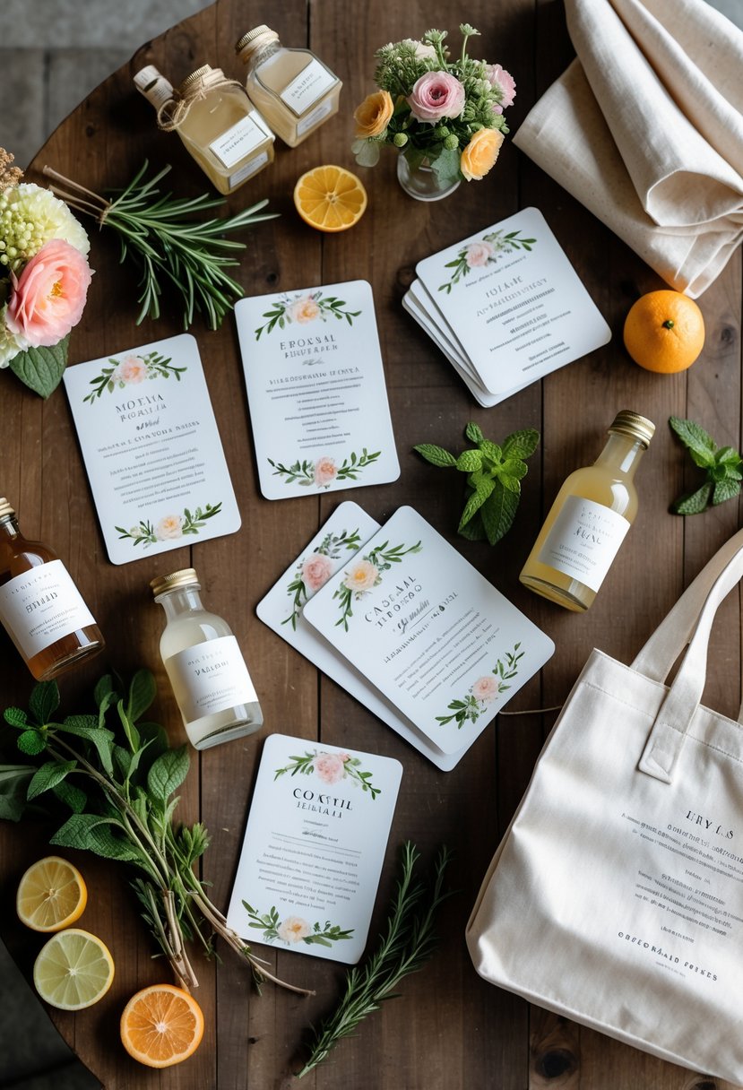 A flat lay of a wedding welcome bag setup with cocktail recipe cards, fresh herbs, citrus slices, flowers, and a canvas tote bag on a wooden table.
