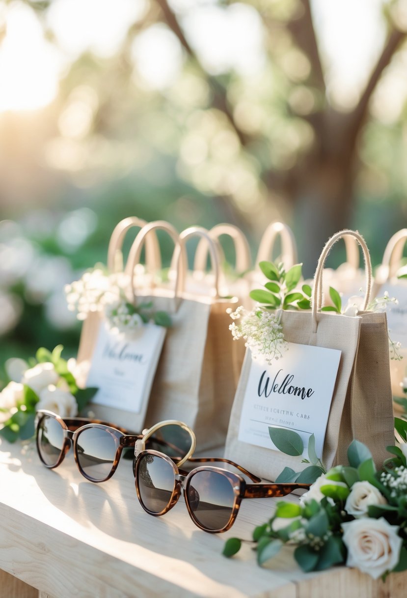 A table with stylish sunglasses and decorative wedding welcome bags surrounded by greenery.