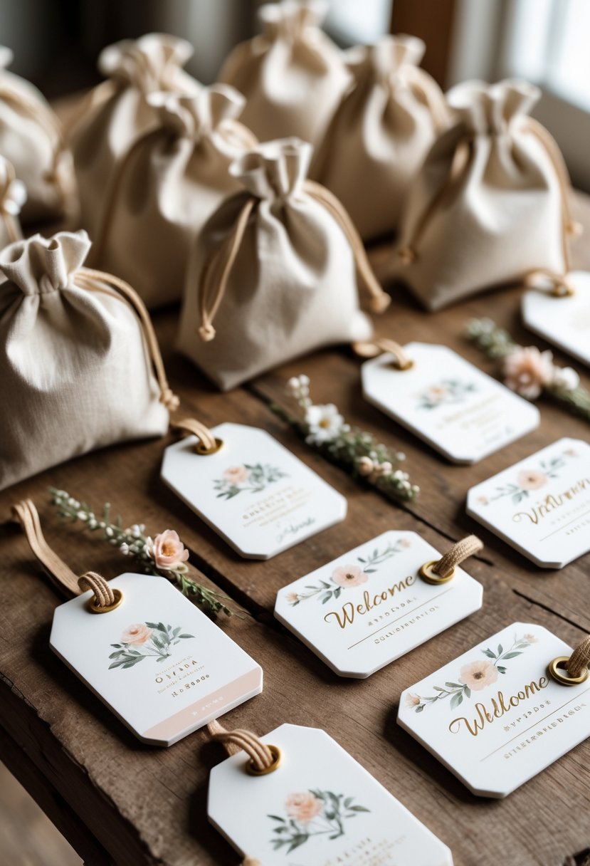 Personalized luggage tags and welcome bags arranged on a wooden table with decorative flowers and ribbons.