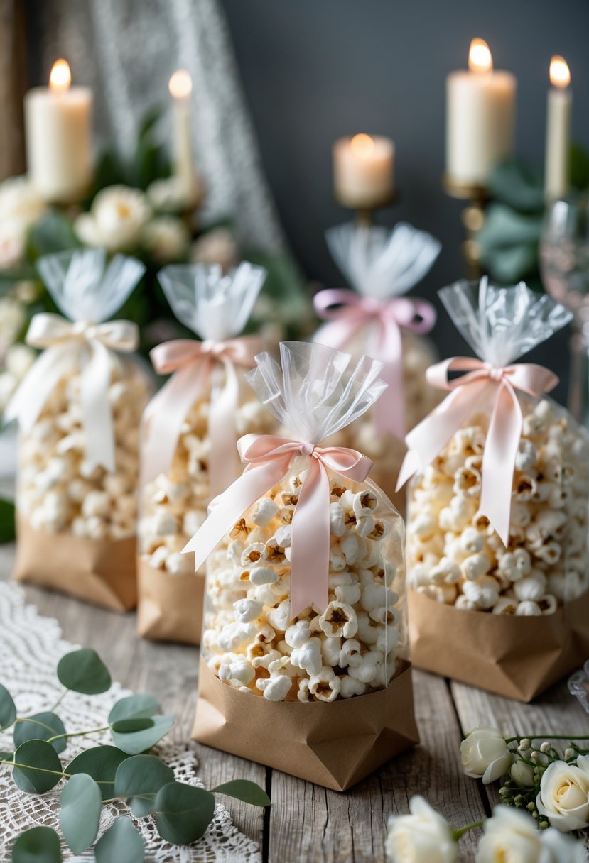 Several gourmet popcorn bags arranged on a wooden table with floral accents and wedding decorations in the background.