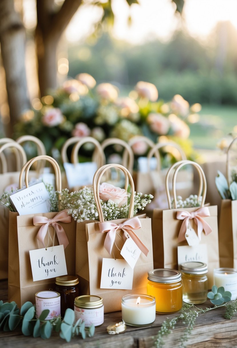 A collection of wedding welcome bags filled with small gifts and flowers arranged on a wooden table.