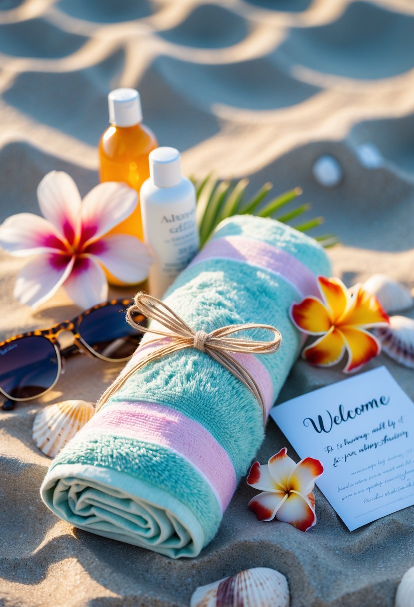 A neatly wrapped beach towel with ribbon, surrounded by sunscreen, sunglasses, tropical flowers, and a welcome note on a sandy beach.