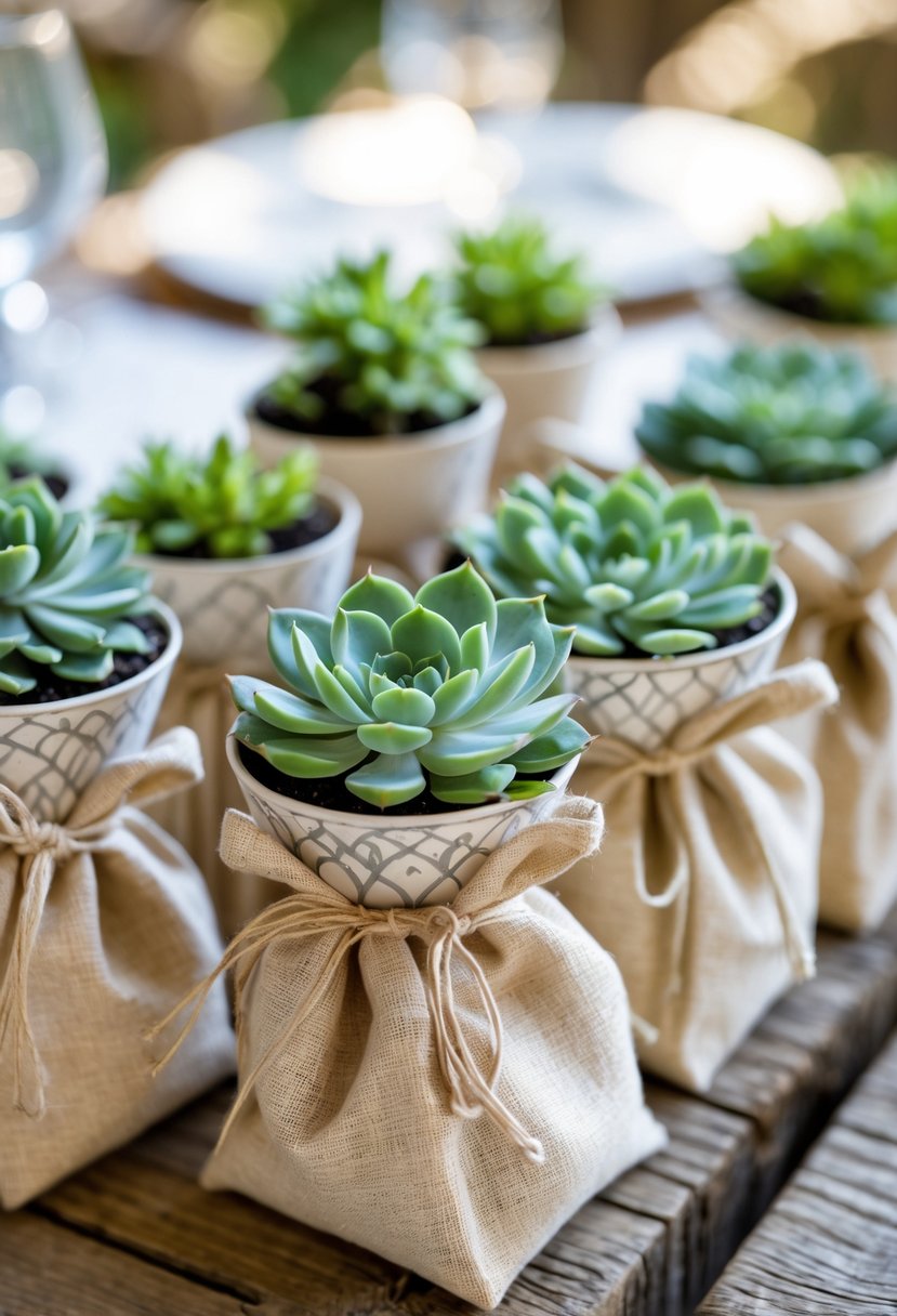 Mini succulent plants in personalized pots arranged inside wedding welcome bags on a wooden table.