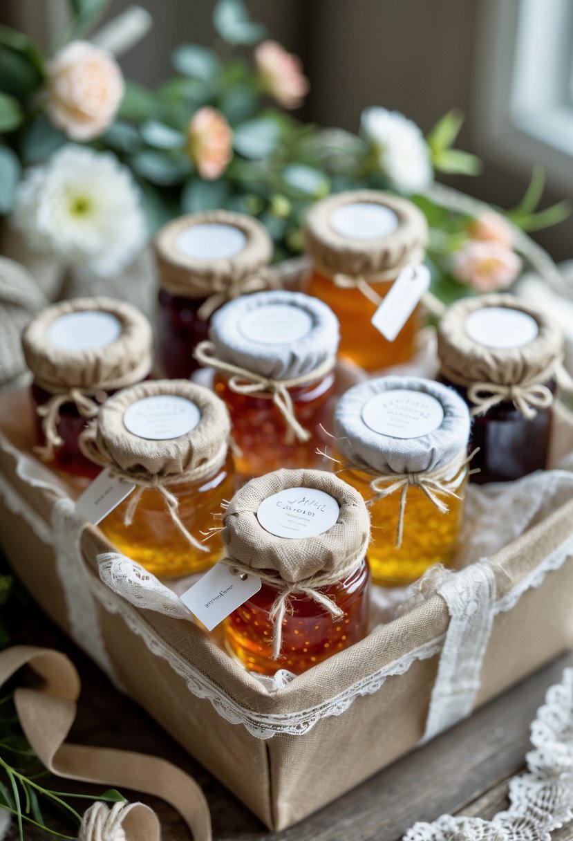 Mini glass jars of colorful artisanal jam arranged in a gift box with floral accents and greenery.