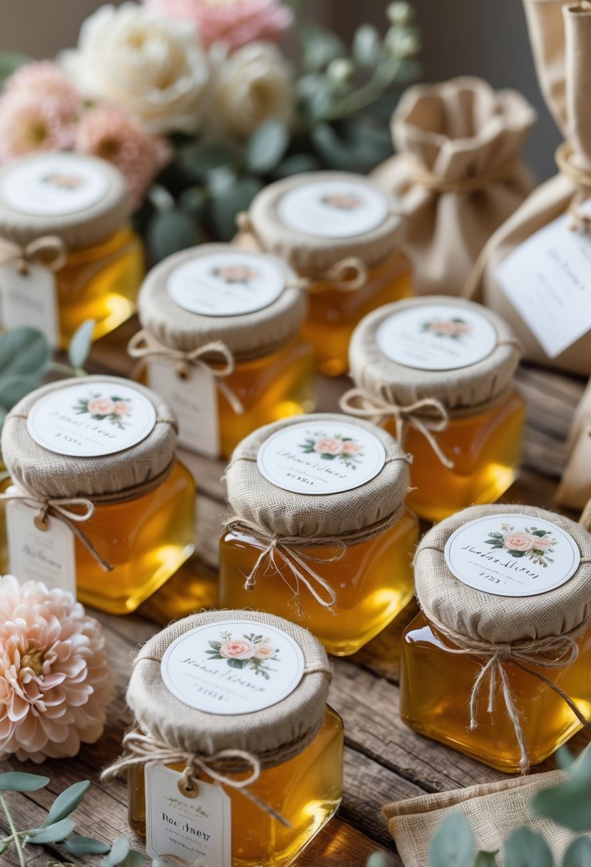 Several small jars of honey with decorative covers arranged on a wooden table alongside flowers and gift bags.