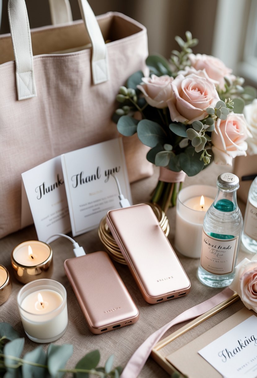 A chic wedding welcome bag with portable phone chargers and elegant floral decorations arranged on a soft pastel surface.
