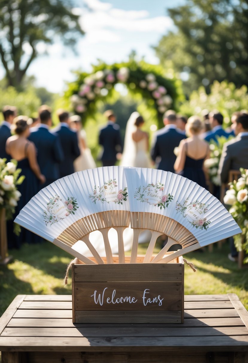 A wooden basket filled with personalized handheld fans sitting on a table outdoors at a wedding ceremony with guests and greenery in the background.