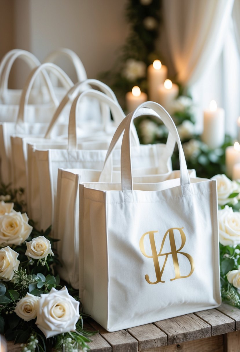 White canvas tote bags with gold foil initials arranged on a wooden table with flowers and wedding decorations.