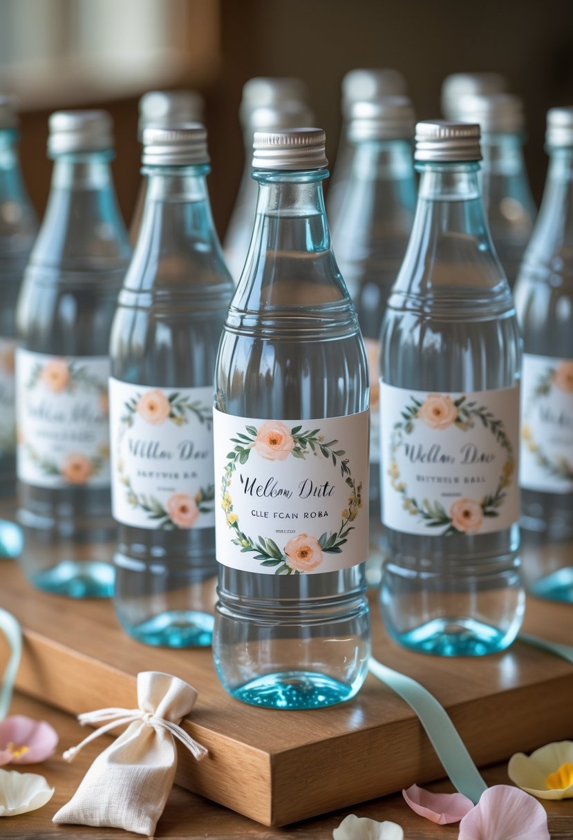 Custom-labeled water bottles arranged on a table with wedding welcome bag items including flower petals and ribbons.