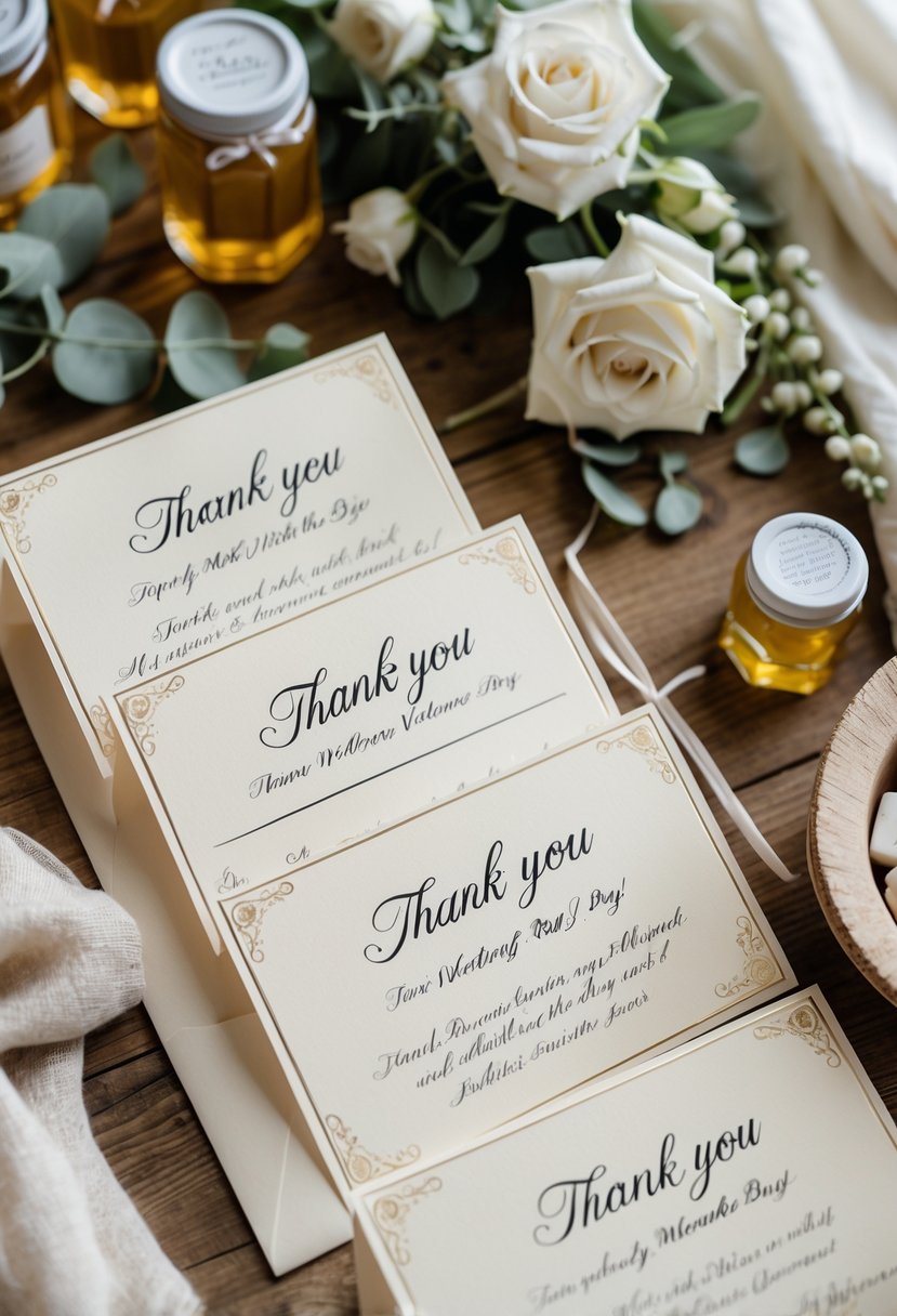 Close-up of handwritten thank-you notes on elegant stationary surrounded by wedding welcome bag items on a wooden table.