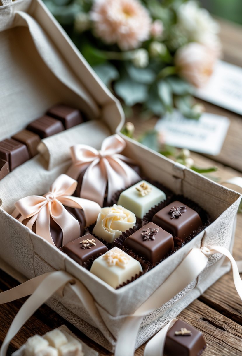 A collection of artisanal chocolates wrapped in silk ribbons inside a wedding welcome bag on a wooden surface with soft floral decorations in the background.