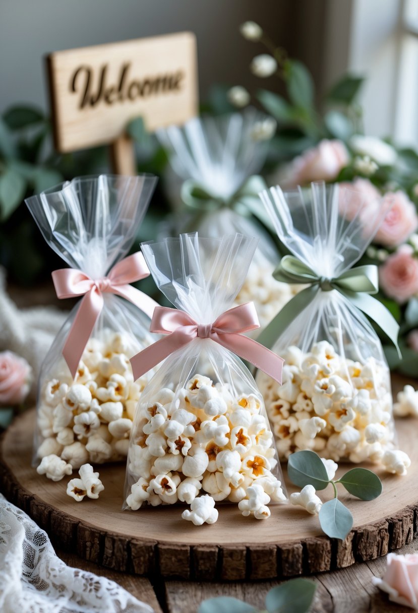 Small clear bags of gourmet popcorn tied with pastel ribbons arranged on a wooden table with flowers and wedding decorations.