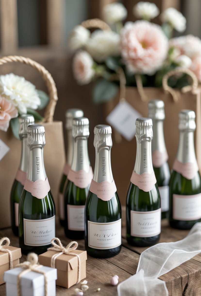 Mini champagne bottles with custom labels arranged on a wooden table alongside flowers and small gift boxes as part of a wedding welcome setup.