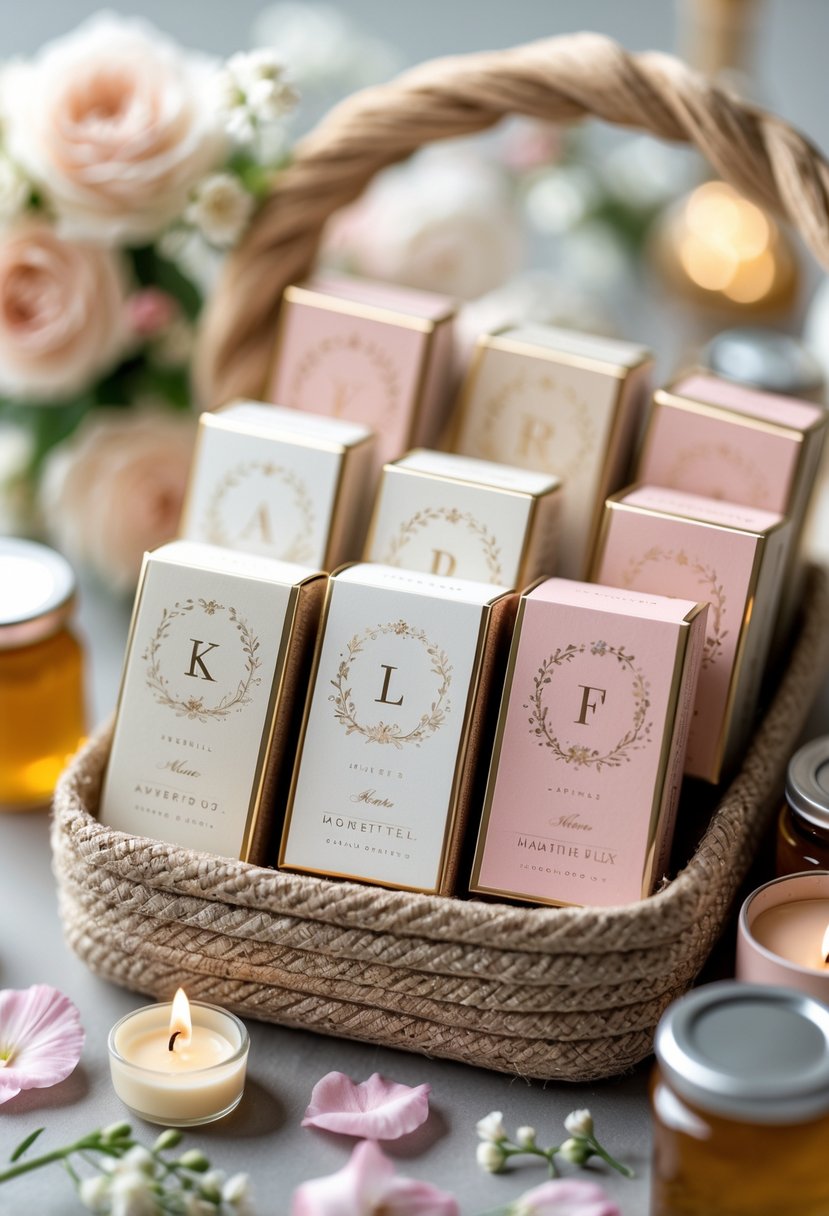 A collection of personalized matchboxes with couple's initials arranged in a basket alongside small wedding welcome items and flower petals.