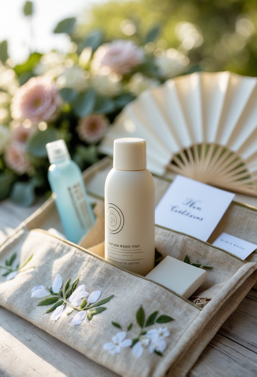 Travel-sized sunscreen bottle inside a natural fabric wedding welcome bag with other small items, set outdoors with greenery in the background.