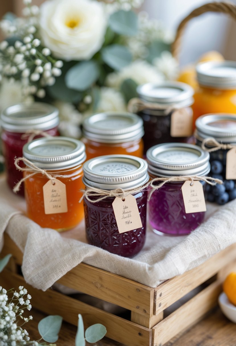 Mini glass jars of colorful homemade jam arranged in a basket with rustic decorations on a wooden table.