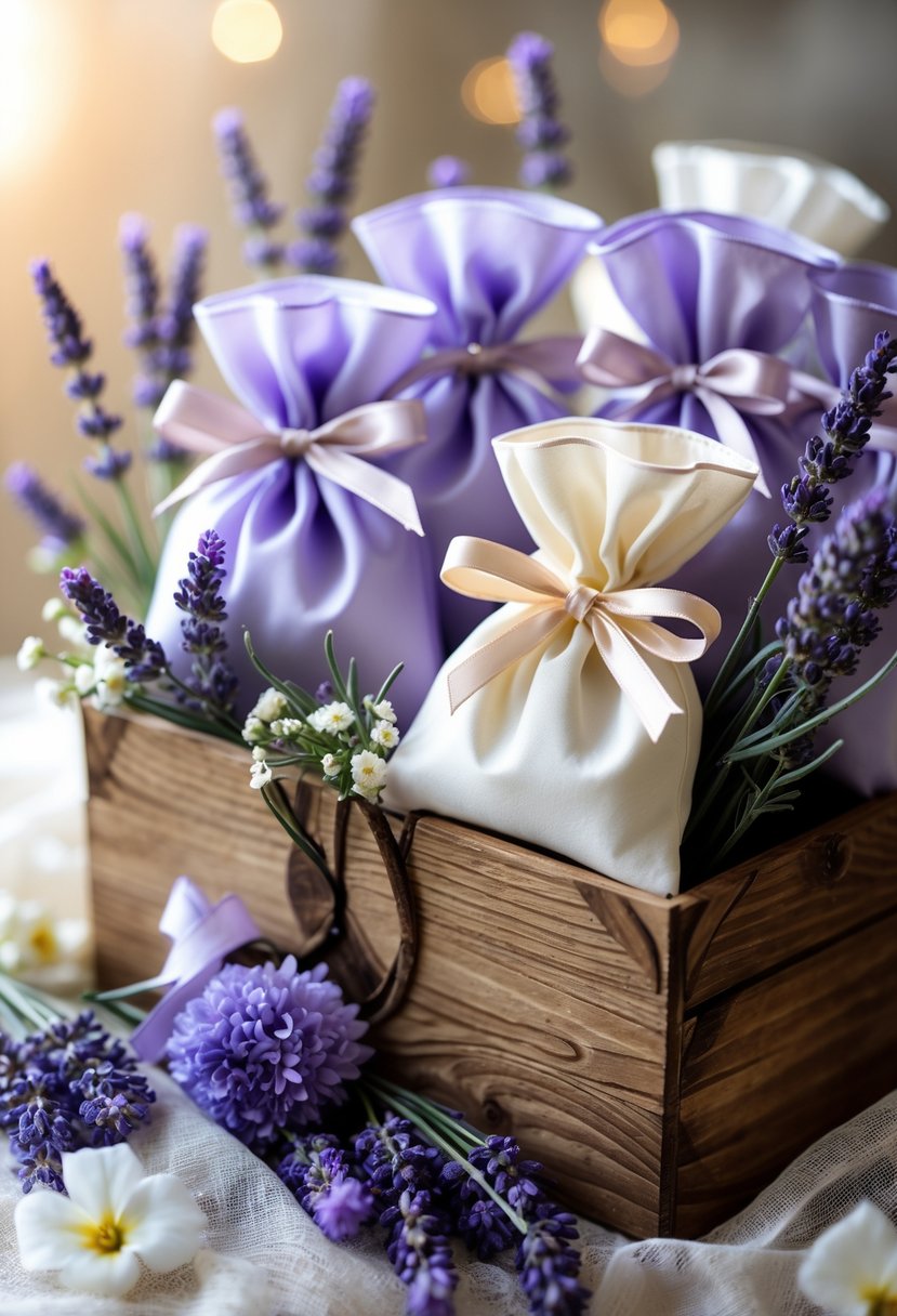 Lavender sachets tied with ribbons placed inside a wooden welcome bag surrounded by fresh lavender and small white flowers.