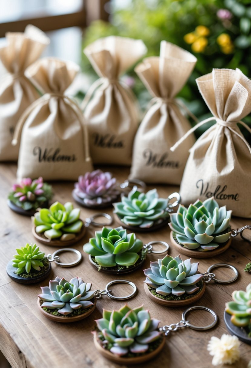Succulent-themed keychains arranged on a table next to linen wedding welcome bags with ribbons and dried flowers.
