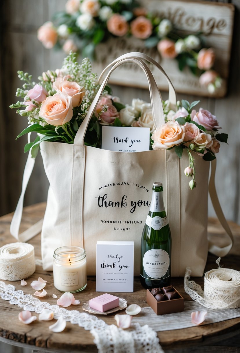 A wedding welcome bag filled with flowers, a candle, sparkling water, a thank you card, and chocolates on a wooden table with rose petals and lace ribbons.