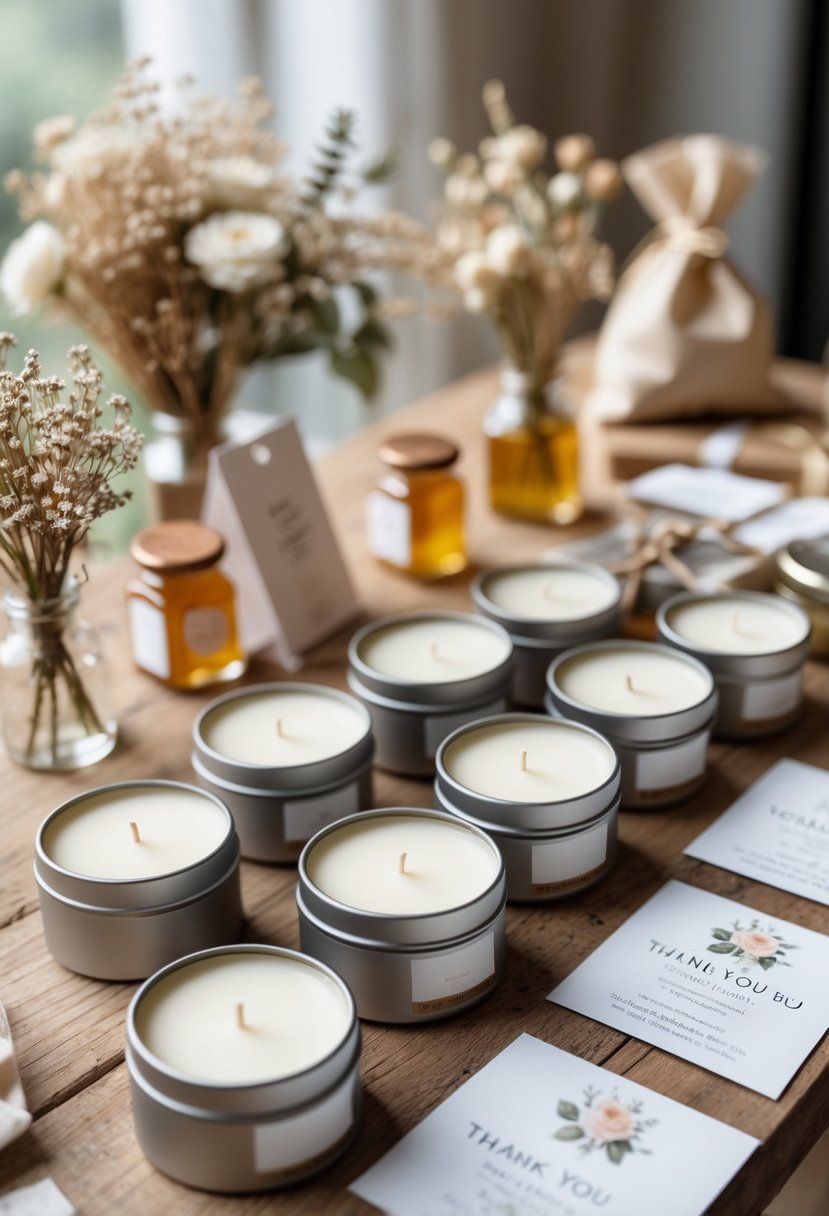 A collection of scented soy candles in travel tins arranged with wedding welcome bag items on a wooden surface.