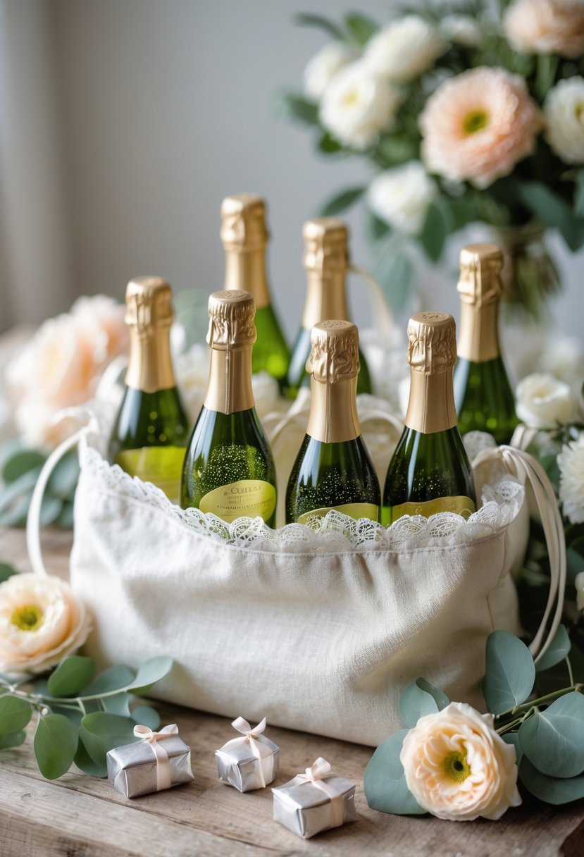 Mini bottles of Prosecco arranged inside a wedding welcome bag with flowers and greenery on a wooden surface.