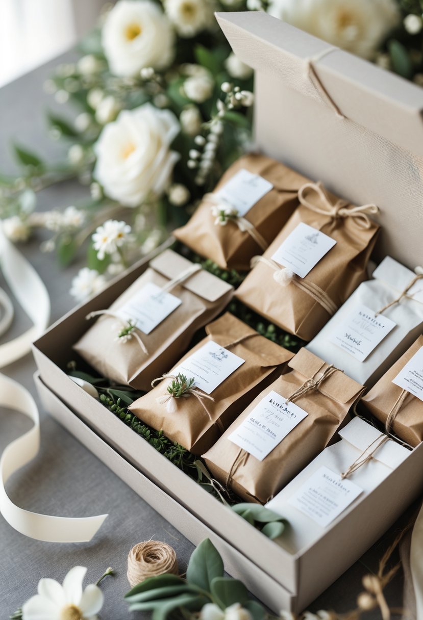 A collection of small tea sampler packages arranged inside a gift bag with flowers and ribbons on a table.
