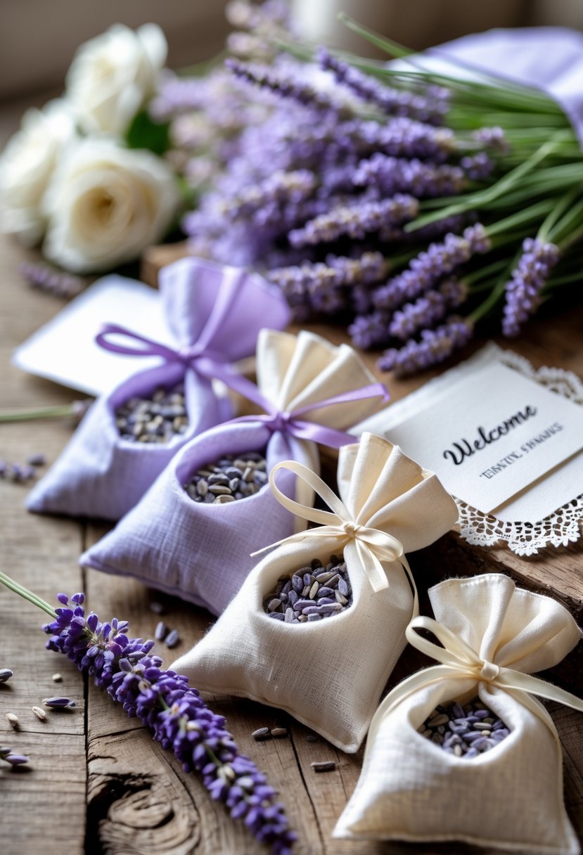 Lavender sachets tied with ribbons arranged with fresh lavender and wedding items on a wooden surface.