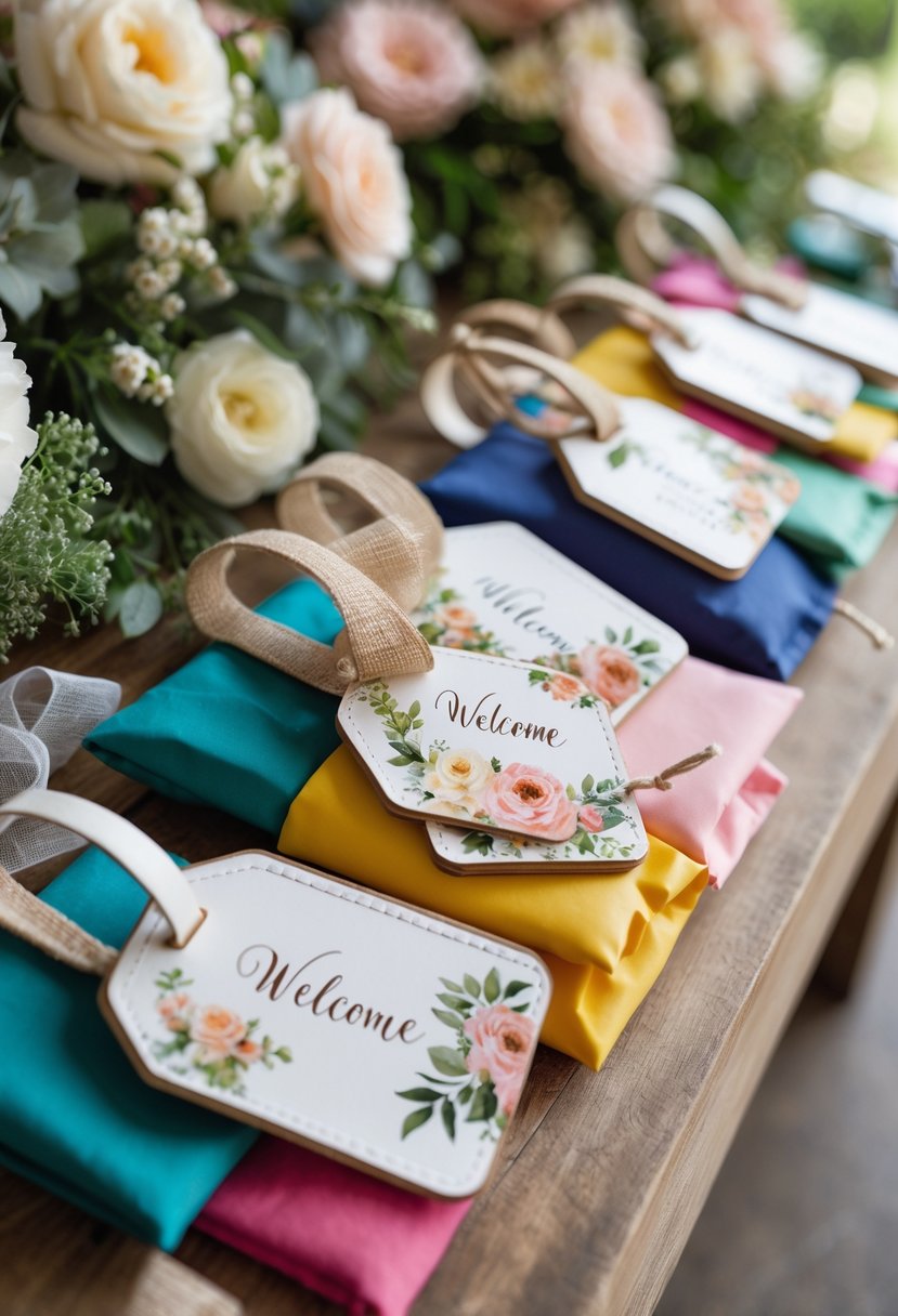 Custom luggage tags attached to colorful welcome bags arranged on a wooden table with flowers and ribbons.
